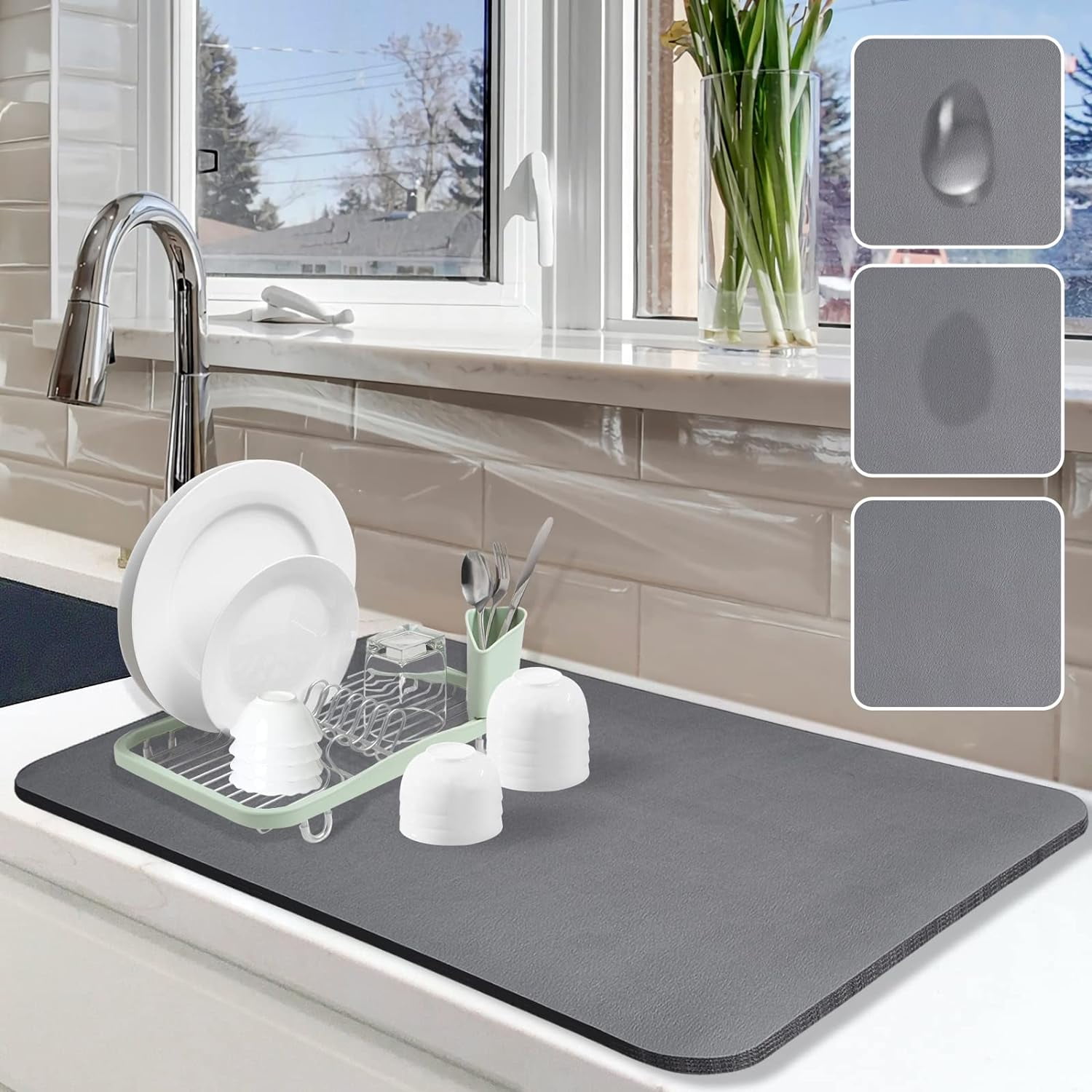 Gray Silicone 16" x 24" Non-Slip Dish Drying Mat