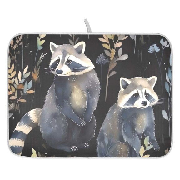 Dish Drying Mat for Kitchen Counter 16x18/18x24 Watercolor Raccoon and Plant Pattern Absorbent Coffee Bar Mat Dish Drainer Rack Mat for Kitchen Counter