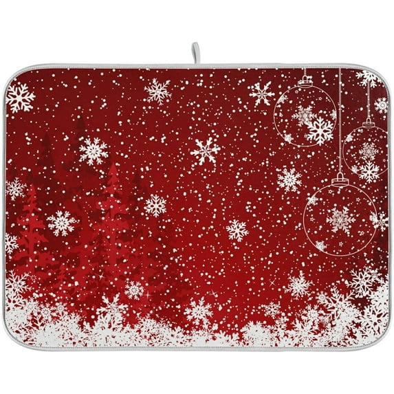 Dish Drying Mat for Kitchen Counter 18 x 16 Inch Romantic Christmas Snowflake on Red Microfiber Dish Mat Drying Pad Absorbent Dishes Pad Dish Drainer Rack Mats