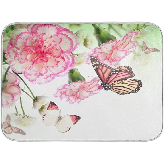 Dish Drying Mat for Kitchen Counter 18 x 24 Inch Pink Roses Butterfly Super Absorbent Microfiber Dish Drainer Rack Mats Soft Heat Resistant Drying Protector Pad