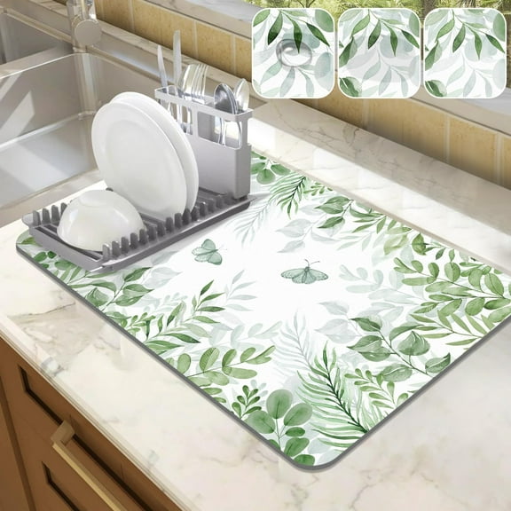 Dish Drying Mat for Kitchen Counter, 19.5x12in Absorbent Coffee Bar Mat with Green Plant & Butterfly, Dish Drainer Rack Mats for Kitchen Counter Coffee Maker Coffee Pot Dining Room Decoration