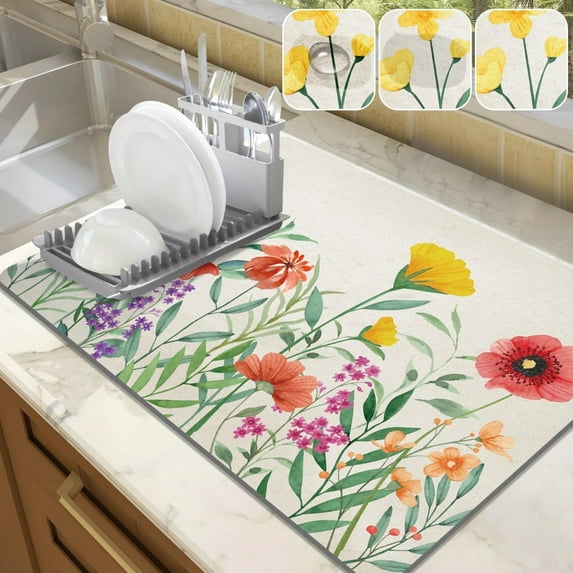 Dish Drying Mat for Kitchen Counter, 19.6"x31.5" Absorbent Mat with Green Plant Pattern, Dish Drainer Rack Mat for Countertop Coffee Maker, Dining Room Decoration