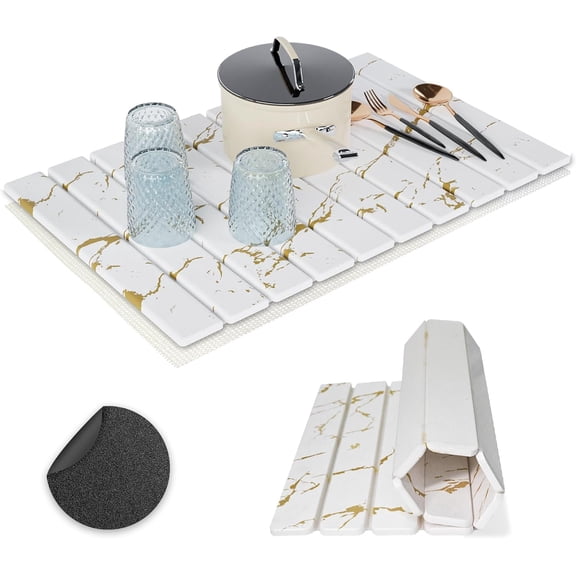 Dish Drying Mat for Kitchen Counter, 24"  16" Large Stone Drying Mat, Foldable Quick Dry Stone Mats, Ultra Absorbent Diatomaceous Earth Dish Mat for Dishes, Bottles, Cups, White Gold Marble