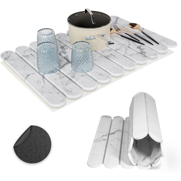 Dish Drying Mat for Kitchen Counter, 24"  16" Large Stone Drying Mat, Foldable Quick Dry Stone Mats, Ultra Absorbent Diatomaceous Earth Dish Mat for Dishes, Bottles, Cups, White Marble