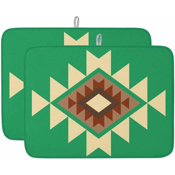 Dish Drying Mat for Kitchen Counter,Abstract Aztec Pattern Absorbent Microfiber Drainer Rack Pad Bohemian Art on Green Background Quick Dry Mat for Sinks Dishes Utensils 18x24in,2 Pack