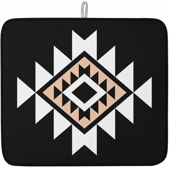 Dish Drying Mat for Kitchen Counter,Abstract Aztec Tribal on Black Absorbent Microfiber Drainer Rack Pad Retro Western Ethnic Geometric Quick Dry Mat for Sinks Dishes Utensils 16x18in,1 Pack