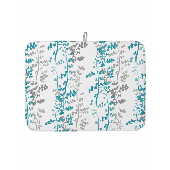 Dish Drying Mat for Kitchen Counter Aqua Leaf Drying Pad Absorbent Drying Mats for Countertops Sinks Draining Racks Grey Leaves Branches Reversible Drainer Kitchen Accessories 18x24 Inch