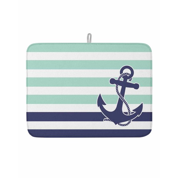 Dish Drying Mat for Kitchen Counter Aqua Stripes Drying Pad Absorbent Drying Mats for Countertops Sinks Draining Racks Navy Blue Nautical Anchor Reversible Drainer Kitchen Accessories 18x24 Inch