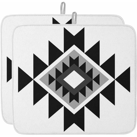 Dish Drying Mat for Kitchen Counter,Aztec Tribal Geometric Black Gray Absorbent Microfiber Drainer Rack Pad Vintage Ethnic Style Quick Dry Mat for Sinks Dishes Utensils 16x18in,2 Pack