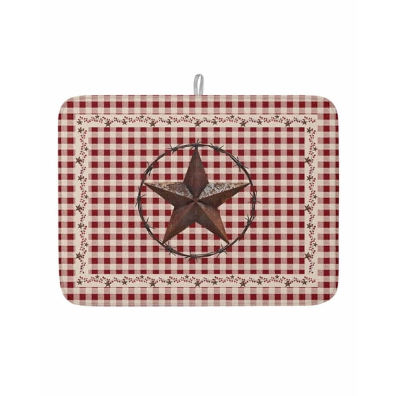 Dish Drying Mat for Kitchen Counter Barn Star Retro Drying Pad Absorbent Drying Mats for Countertops Sinks Draining Racks Berry Red Buffalo Plaid Reversible Drainer Kitchen Accessories 18x24 Inch