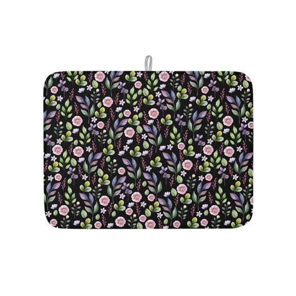 Dish Drying Mat for Kitchen Counter Black Floral Leaves Drying Pad Absorbent Drying Mats for Countertops Sinks Draining Racks Berry Pastoral Plant Reversible Drainer Kitchen Accessories 18x24 Inch