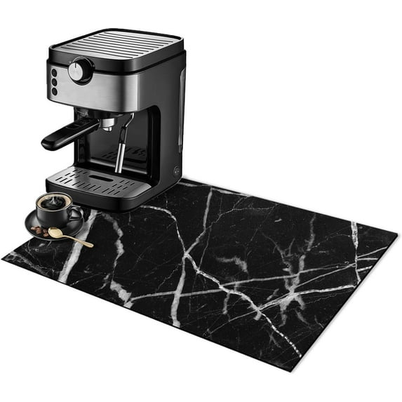 Dish Drying Mat for Kitchen Counter,Black Marble Coffee Bar Mat with Spill Protection for Dishes,Coffee Maker & Pot,Hide Stain Rubber Backed Absorbent Draining Mat Under Dish Rack(16x24 IN)