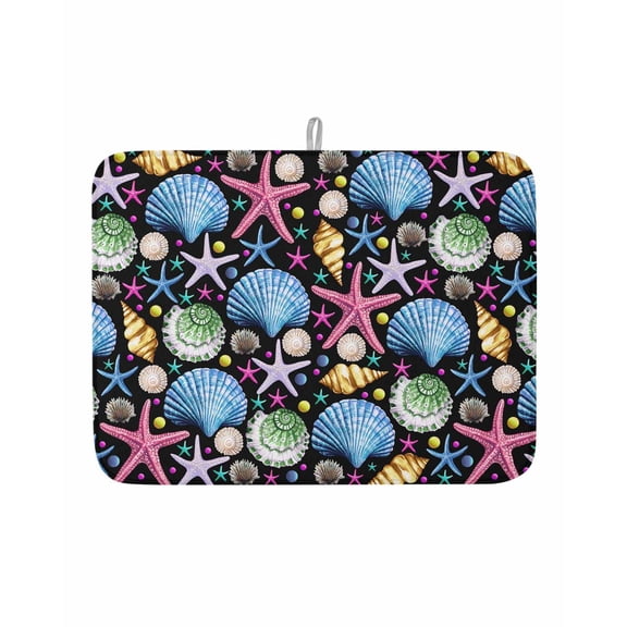 Dish Drying Mat for Kitchen Counter Black Starfish Drying Pad Absorbent Drying Mats for Countertops Sinks Draining Racks Ocean Shell Conch Marine Life Drainer Kitchen Accessories 18x24 Inch