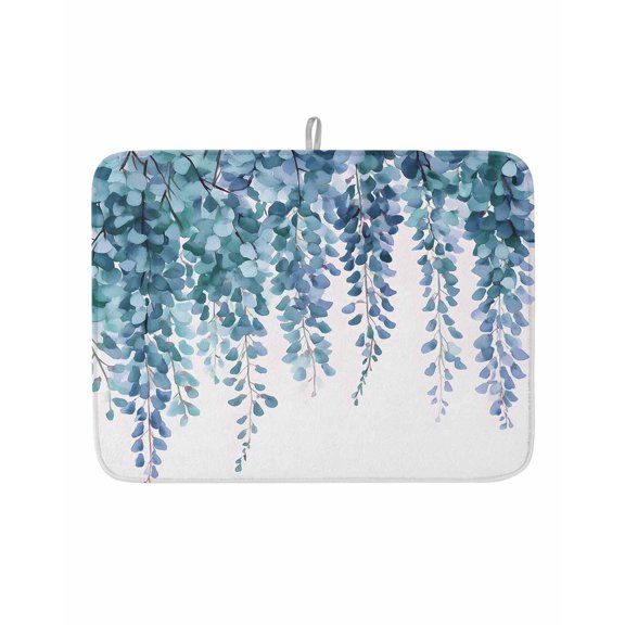 Dish Drying Mat for Kitchen Counter Blue Eucalyptus Leaf Drying Pad Absorbent Drying Mats for Countertops Sinks Draining Racks Floral Leaves Branch Reversible Drainer Kitchen Accessories 18x24 Inch