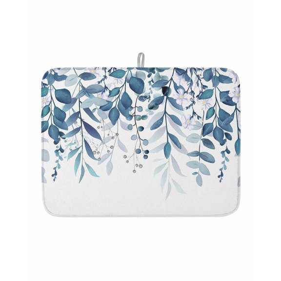 Dish Drying Mat for Kitchen Counter Blue Eucalyptus Leaves Drying Pad Absorbent Drying Mats for Countertops Sinks Draining Racks Blue Leaf Berry Reversible Drainer Kitchen Accessories 18x24 Inch