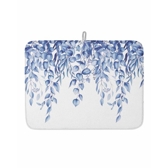 Dish Drying Mat for Kitchen Counter Blue Eucalyptus Leaves Drying Pad Absorbent Drying Mats for Countertops Sinks Draining Racks Watercolor Leaf Branch Drainer Kitchen Accessories 18x24 Inch