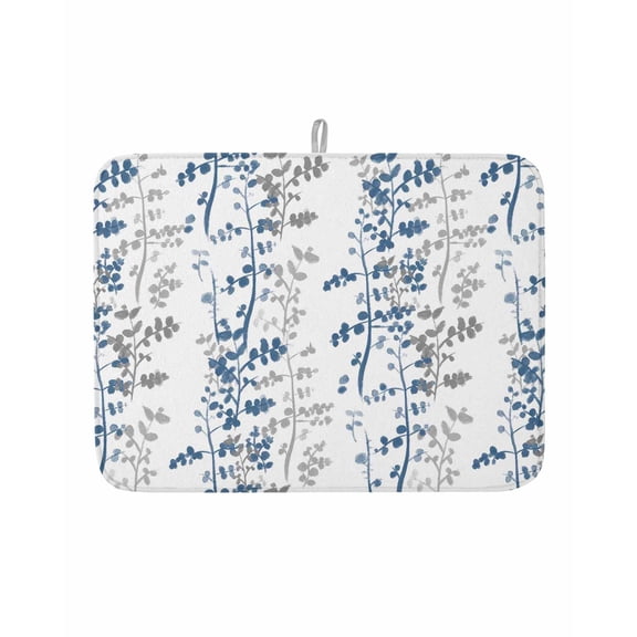 Dish Drying Mat for Kitchen Counter Blue Leaf Drying Pad Absorbent Drying Mats for Countertops Sinks Draining Racks Grey Leaves Branches Reversible Drainer Kitchen Accessories 18x24 Inch