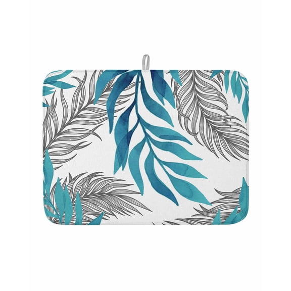 Dish Drying Mat for Kitchen Counter Blue Leaves Drying Pad Absorbent Drying Mats for Countertops Sinks Draining Racks Leaf Branches Lines Reversible Drainer Kitchen Accessories 18x24 Inch