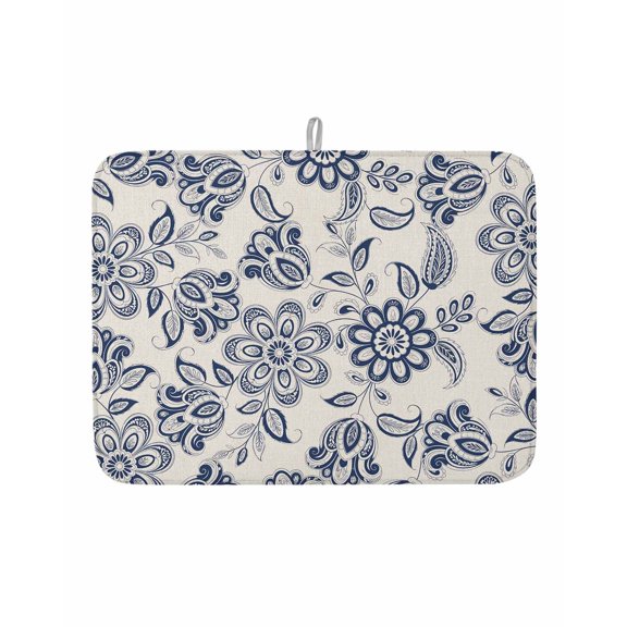 Dish Drying Mat for Kitchen Counter Blue Paisley Floral Drying Pad Absorbent Drying Mats for Countertops Sinks Draining Racks Retro Bohemian Flowers Reversible Drainer Kitchen Accessories 18x24 Inch