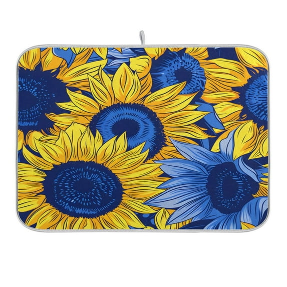 Dish Drying Mat Kitchen Counter Blue Yellow Sunflowers Dishes Drainer Pad Absorbent Microfiber Reversible 18"x24"