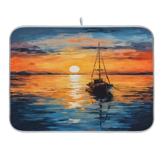 Dish Drying Mat Kitchen Counter Boat and Sunset Dishes Drainer Pad Absorbent Microfiber Reversible 16"x18"