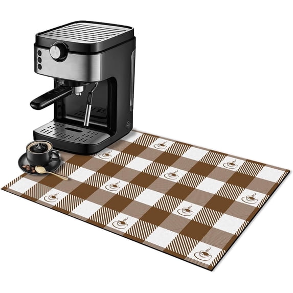 Dish Drying Mat for Kitchen Counter,Brown Buffalo Check Plaid Coffee Bar Mat with Spill Protection for Dishes,Coffee Maker,Hide Stain Rubber Backed Absorbent Draining Mat Under Dish Rack(12x19 IN)