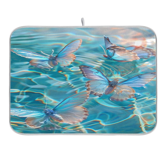 Dish Drying Mat Kitchen Counter Butterflies on Water Dishes Drainer Pad Absorbent Microfiber Reversible 16"x18"