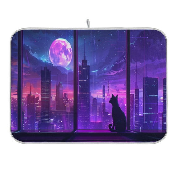 Dish Drying Mat Kitchen Counter Cat Moon City Dishes Drainer Pad Absorbent Microfiber Reversible 18"x24"