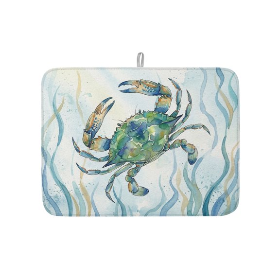 Dish Drying Mat for Kitchen Counter Crab Drying Pad Absorbent Drying Mats for Countertops Sinks Draining Racks Ocean Marin Life Teal Coral Reversible Drainer Kitchen Accessories 18x24 Inch