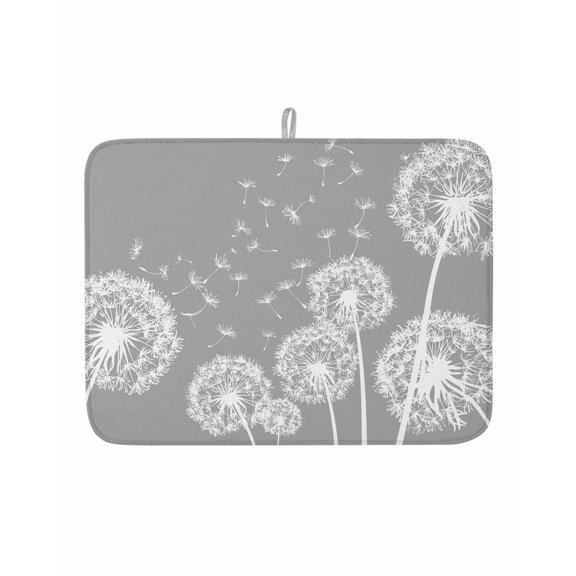Dish Drying Mat for Kitchen Counter Dandelion Drying Pad Absorbent Drying Mats for Countertops Sinks Draining Racks Spring Flower Plants Grey Reversible Drainer Kitchen Accessories 18x24 Inch