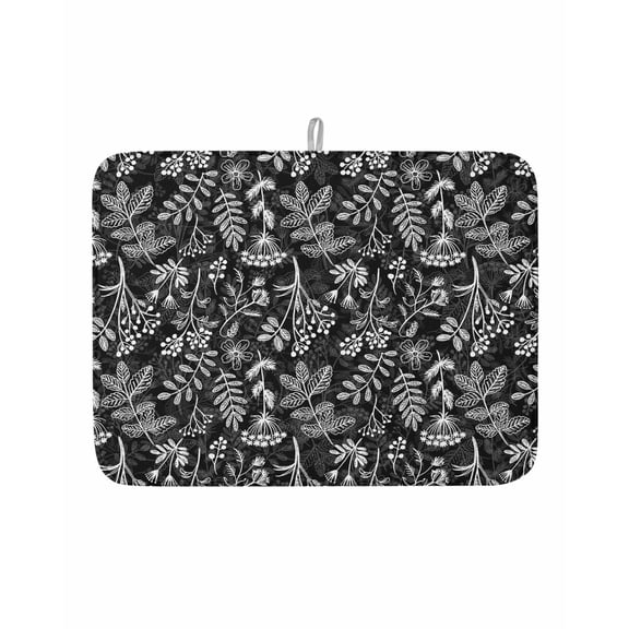 Dish Drying Mat for Kitchen Counter Dandelion Flower Drying Pad Absorbent Drying Mats for Countertops Sinks Draining Racks Daisy Floral Leaves Black Reversible Drainer Kitchen Accessories 18x24 Inch