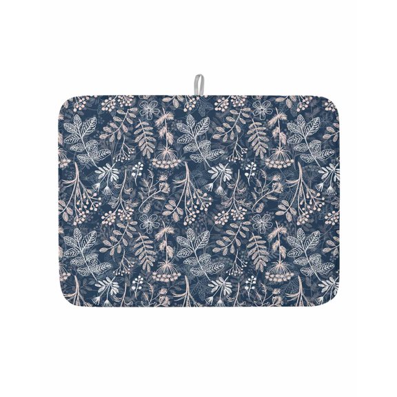 Dish Drying Mat for Kitchen Counter Dandelion Flower Drying Pad Absorbent Drying Mats for Countertops Sinks Draining Racks Daisy Floral Leaves Navy Blue Drainer Kitchen Accessories 18x24 Inch