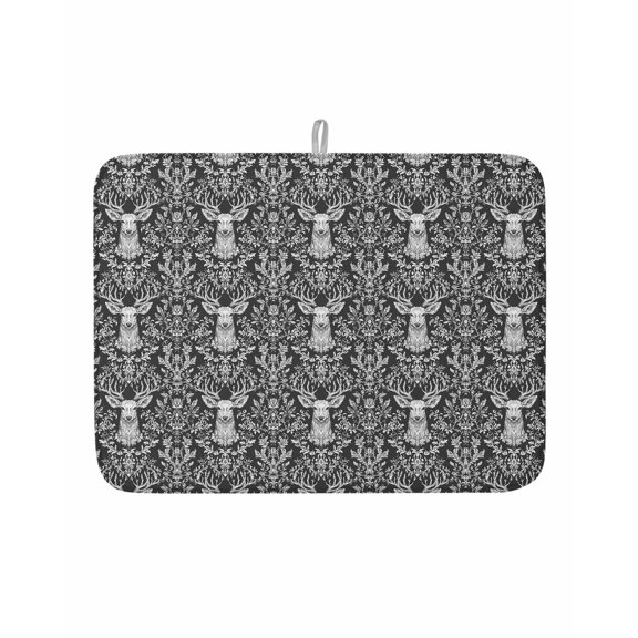 Dish Drying Mat for Kitchen Counter Deer Head Drying Pad Absorbent Drying Mats for Countertops Sinks Draining Racks Branches Leaves Black Reversible Drainer Kitchen Accessories 18x24 Inch