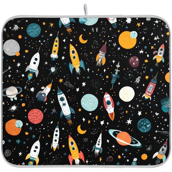Dish Drying Mat for Kitchen Counter Dish Mat Dish Drainer Mats Kitchen Drying Mat Pad Microfiber Absorbent Reversible 16x18 Inch Black Rockets Space Moons Stars