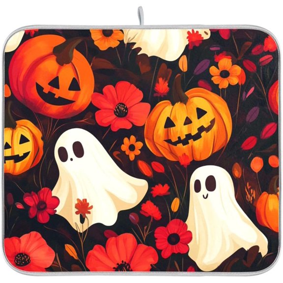 Dish Drying Mat for Kitchen Counter Dish Mat Dish Drainer Mats Kitchen Drying Mat Pad Microfiber Absorbent Reversible 16x18 Inch Halloween Ghost Pumpkin and Poppy