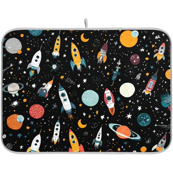 Dish Drying Mat for Kitchen Counter Dish Mat Dish Drainer Mats Kitchen Drying Mat Pad Microfiber Absorbent Reversible 18x24 Inch Black Rockets Space Moons Stars