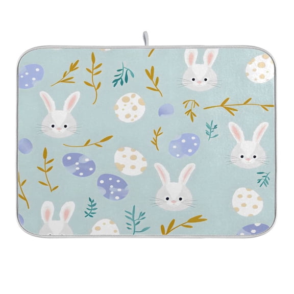 Dish Drying Mat Kitchen Counter Easter Egg and Bunny Rabbit Dishes Drainer Pad Absorbent Microfiber Reversible 16"x18"