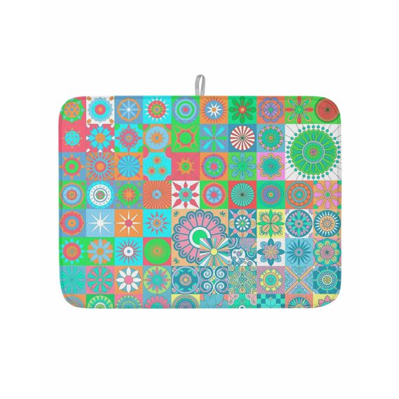 Dish Drying Mat for Kitchen Counter Ethnic Tribal Style Drying Pad Absorbent Drying Mats for Countertops Sinks Draining Racks Geometric Mantoro Vintage Floral Green Drainer 18x24 Inch