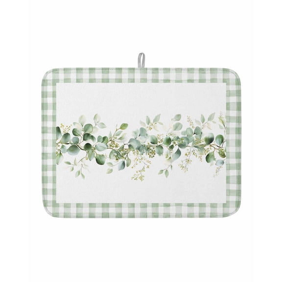 Dish Drying Mat for Kitchen Counter Eucalyptus Leaves Drying Pad Absorbent Drying Mats for Countertops Sinks Draining Racks Leaf Vines Green Buffalo Plaid Drainer Kitchen Accessories 18x24 Inch