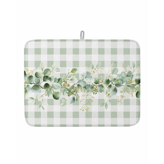 Dish Drying Mat for Kitchen Counter Eucalyptus Leaves Drying Pad Absorbent Drying Mats for Countertops Sinks Draining Racks Leaf Vines Sage Green Buffalo Plaid Drainer Kitchen Accessories 18x24 Inch