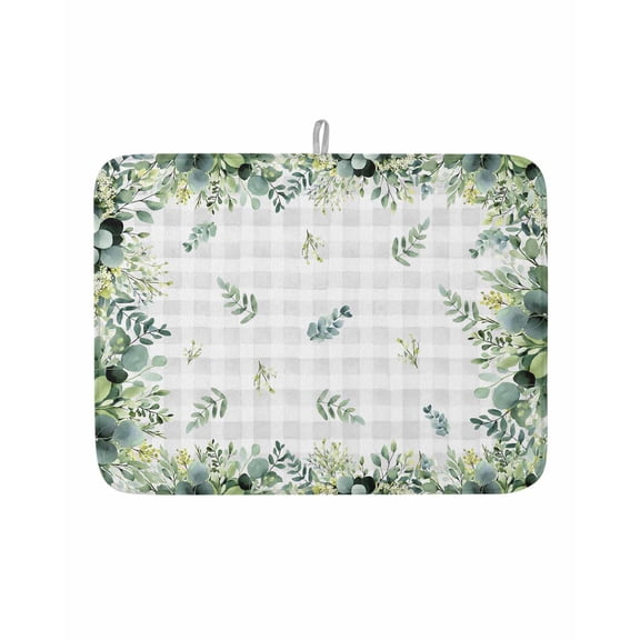 Dish Drying Mat for Kitchen Counter Eucalyptus Leaves Drying Pad Absorbent Drying Mats for Countertops Sinks Draining Racks Spring Gray Buffalo Plaid Reversible Drainer Kitchen Accessories 18x24 Inch