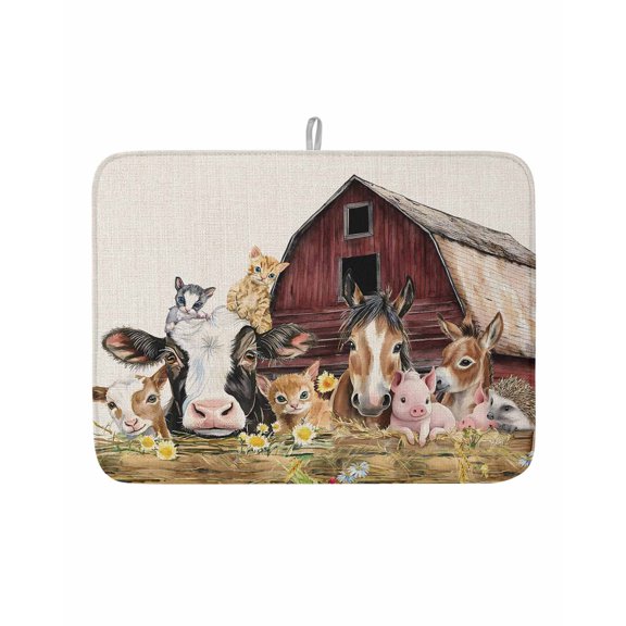 Dish Drying Mat for Kitchen Counter Farm Animal Drying Pad Absorbent Drying Mats for Countertops Sinks Draining Racks Barn Cat Horse Pig Cow Reversible Drainer Kitchen Accessories 18x24 Inch