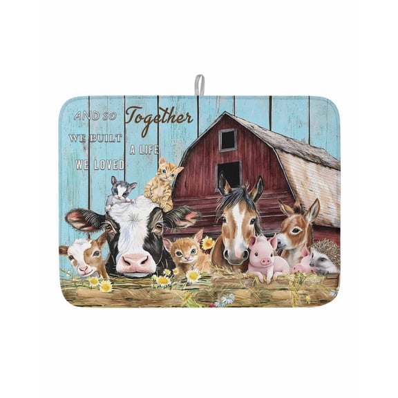 Dish Drying Mat for Kitchen Counter Farm Animal Drying Pad Absorbent Drying Mats for Countertops Sinks Draining Racks Barn Horse Pig Cow Teal Reversible Drainer Kitchen Accessories 18x24 Inch