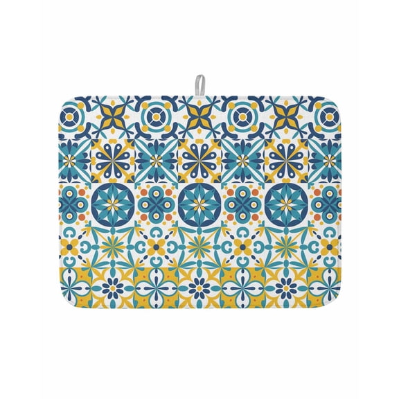 Dish Drying Mat for Kitchen Counter Floral Geometric Drying Pad Absorbent Drying Mats for Countertops Sinks Draining Racks Vintage Green Flower Ceramic Brick Drainer Kitchen Accessories 18x24 Inch