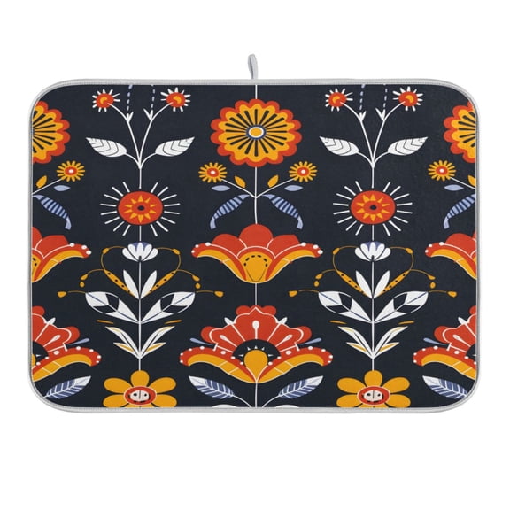 Dish Drying Mat Kitchen Counter Flowers Traditional Folk Art Dishes Drainer Pad Absorbent Microfiber Reversible 16"x18"
