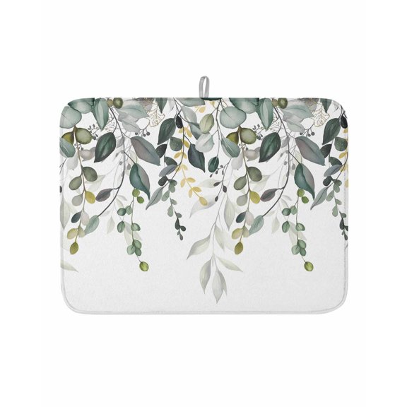 Dish Drying Mat for Kitchen Counter Green Eucalyptus Leaves Drying Pad Absorbent Drying Mats for Countertops Sinks Draining Racks Berry Leaf Branches Drainer Kitchen Accessories 18x24 Inch