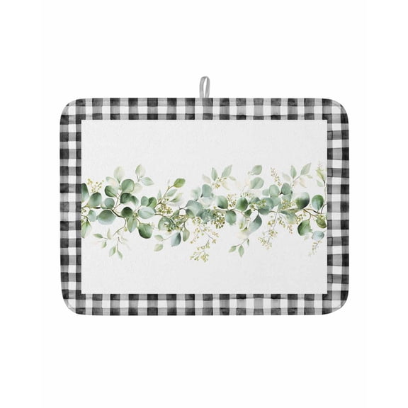 Dish Drying Mat for Kitchen Counter Green Eucalyptus Leaves Drying Pad Absorbent Drying Mats for Countertops Sinks Draining Racks Leaf Vines Black Buffalo Plaid Drainer 18x24 Inch
