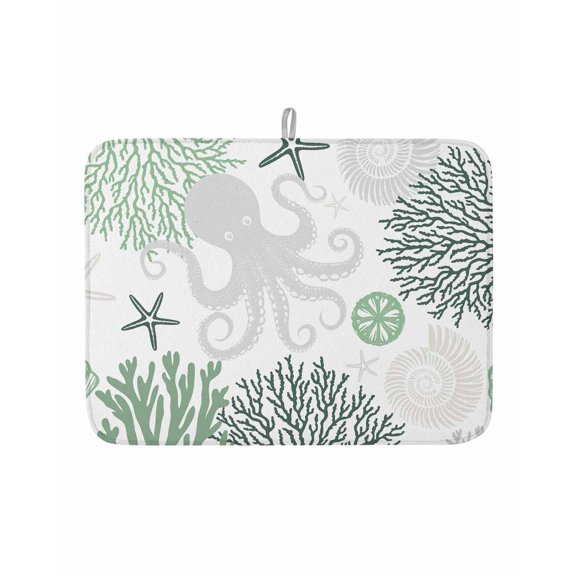 Dish Drying Mat for Kitchen Counter Green Octopus Drying Pad Absorbent Drying Mats for Countertops Sinks Draining Racks Coral Starfish Shell Reversible Drainer Kitchen Accessories 18x24 Inch