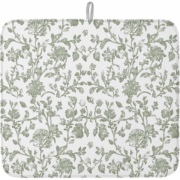 Dish Drying Mat for Kitchen Counter Green Pastoral Flower Drying Pad Absorbent Drying Mats for Countertops Sinks Draining Racks Farmhouse Reversible Drainer Kitchen Accessories 16x18 Inch