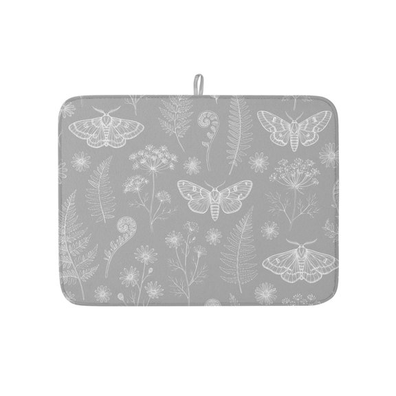 Dish Drying Mat for Kitchen Counter Grey Floral Butterfly Drying Pad Absorbent Drying Mats for Countertops Sinks Draining Racks Fern Leaves Wild Herbs Reversible Drainer Kitchen Decor 18x24 Inch